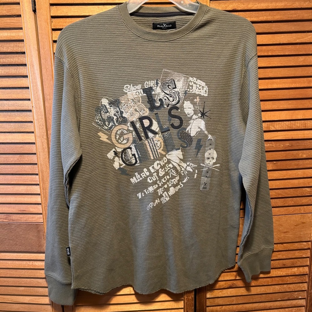 Marc Ecko Cut & Sew Olive Green Graphic Waffle Knit Long Sleeve Shirt